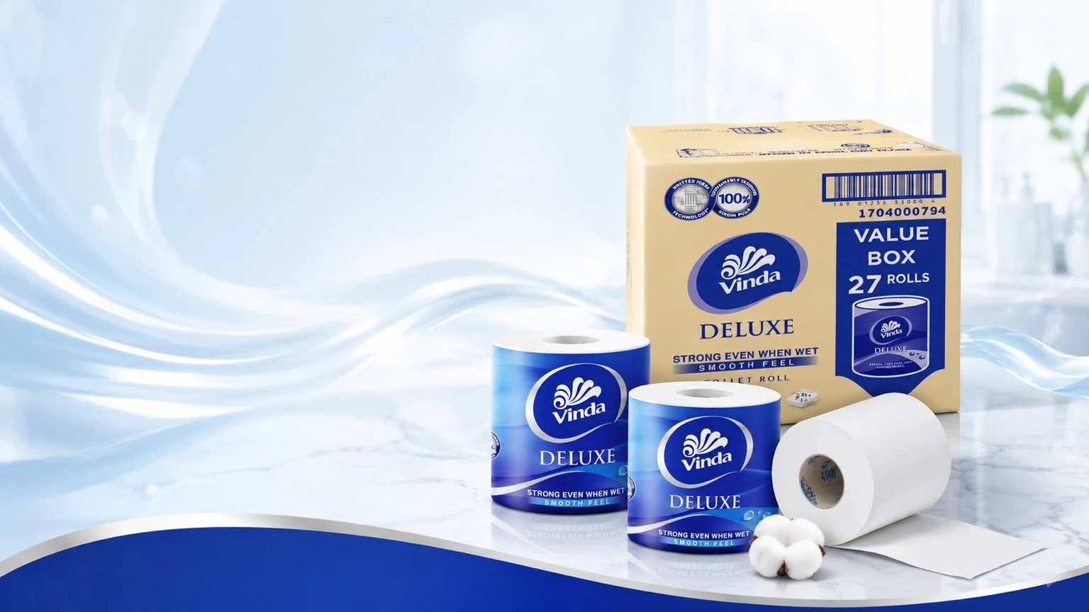Vinda Deluxe 3 Ply Smooth Feel Toilet Tissue Value Box 27 Rolls x 250 Sheets